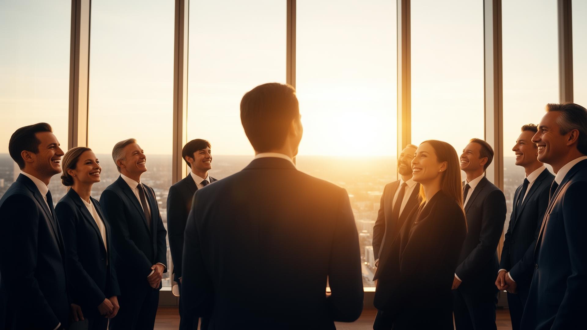 Personas en vestimenta formal viendo hacia un horizonte luminoso